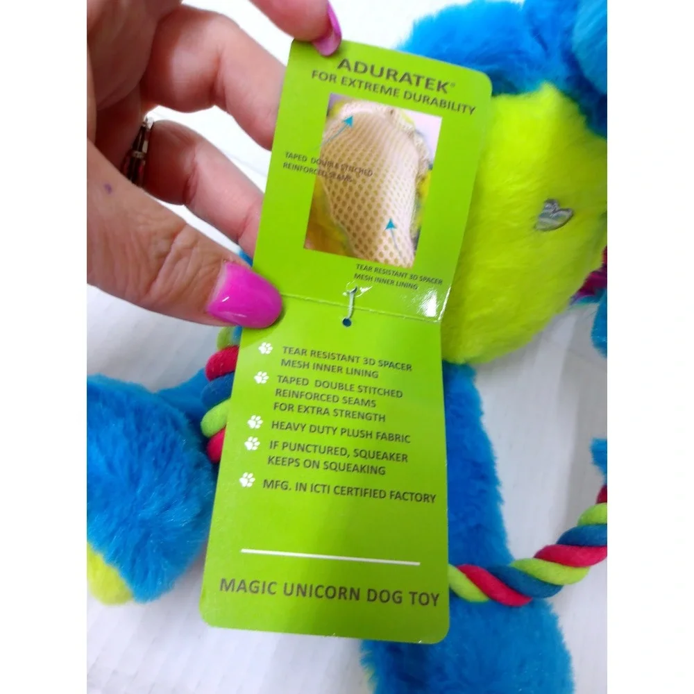 Cudl Tuff Adurables Magic Unicorn Dog Toy Blue Lime Green Plush Rope Ring #26470